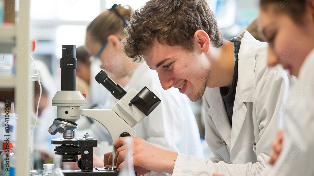 Group of university students collaborating on a microscope experiment in a modern science laboratory, focusing on academic research and hands-on learning Group of university students collaborating on a microscope experiment in a modern science laboratory, focusing on academic research and hands-on learning