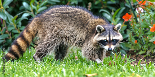 Guaxinim curioso explorando um quintal photo