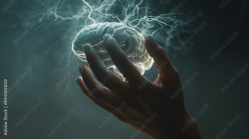 Human hand reaching out to touch a digital brain hologram, conceptual ...