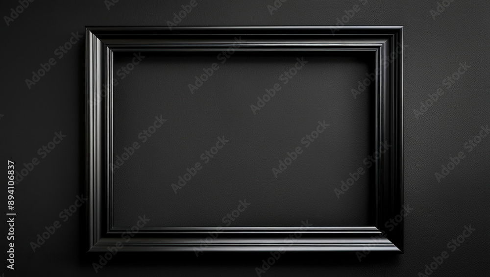 Black picture frame on dark background, Realistic black photo frame, Empty black frame on black wall Black picture frame on dark background, Realistic black photo frame, Empty black frame on black wall