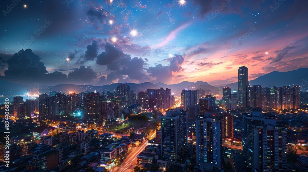 Fototapeta premium bustling cityscape at night with skyscrapers lit up and busy streets below