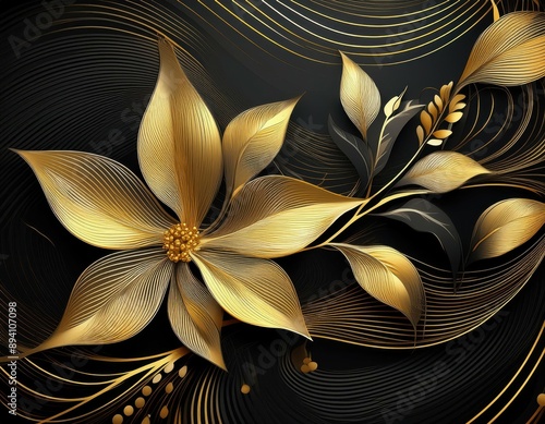 A gold and black wave with a shiny, metallic texture