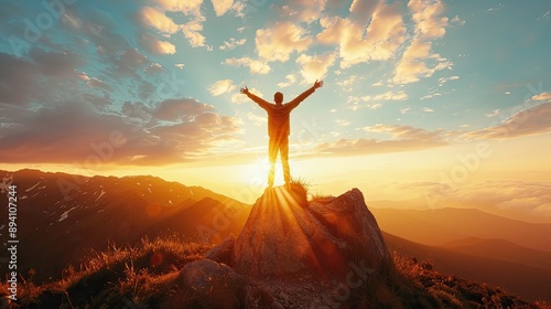Climber on the mountain top, jumping into the sky, embracing freedom and joy amidst nature's snowy peaks