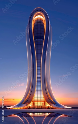 Futuristic depiction of a highrise building integrated with contemporary art centers and institutes photo