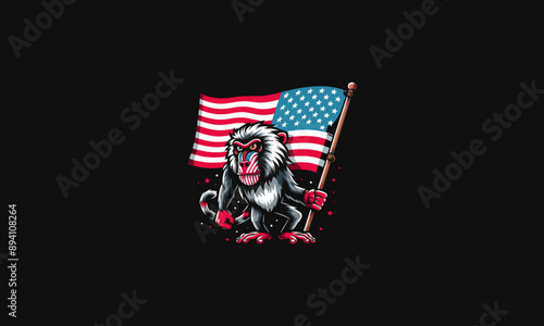 baboon angry hold flag american vector flat design