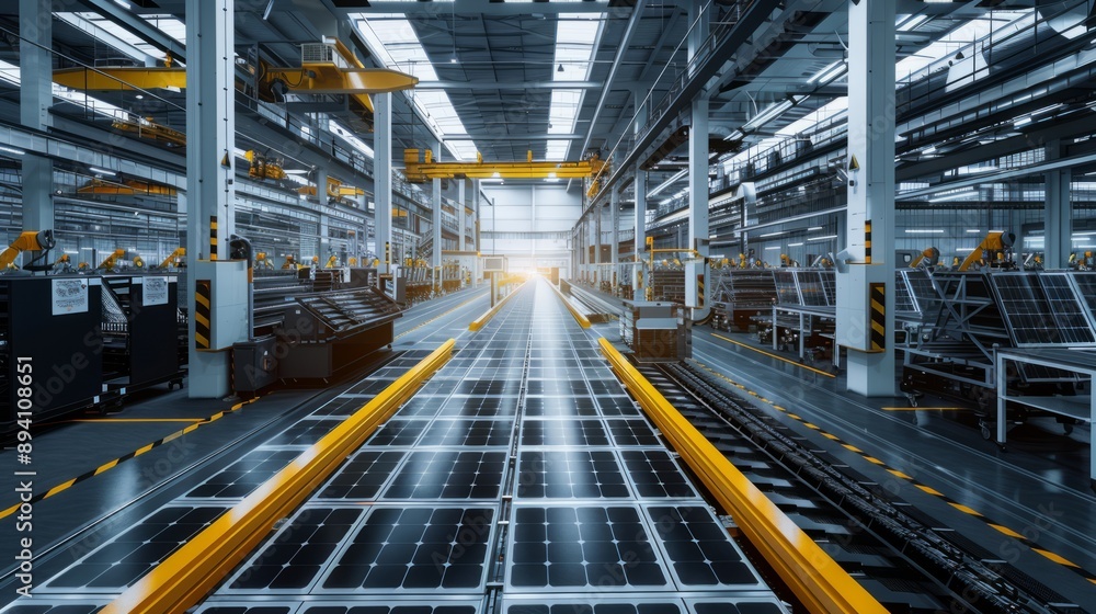 Panoramic view of large-scale production line for solar panels, highlighting the complex operations and machinery involved in solar energy manufacturing, demonstrating the scale and efficiency of sola Panoramic view of large-scale production line for solar panels, highlighting the complex operations and machinery involved in solar energy manufacturing, demonstrating the scale and efficiency of sola