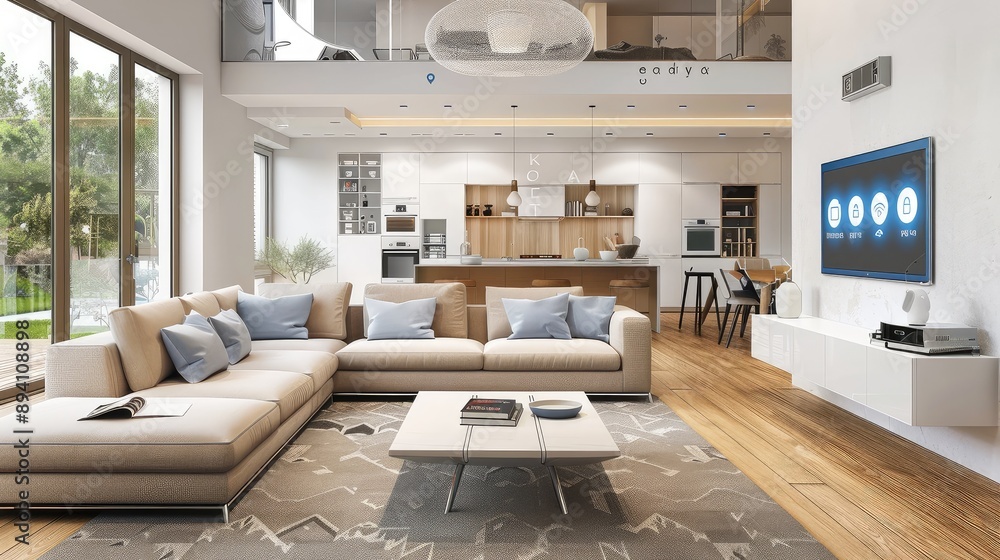 Modern Open-Concept Living Room with Smart Home Features Modern Open-Concept Living Room with Smart Home Features