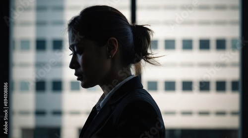 Stressed depressed unhappy businesswoman silhouette. Business finance problem bankruptcy. Depression headache cephalalgia concept 