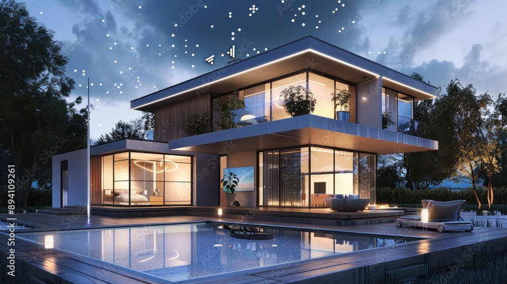 Fototapeta premium Modern Luxury House with Pool at Night
