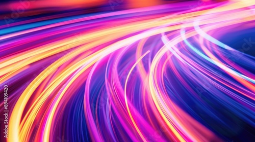 Abstract swirling neon light trails in a dark background