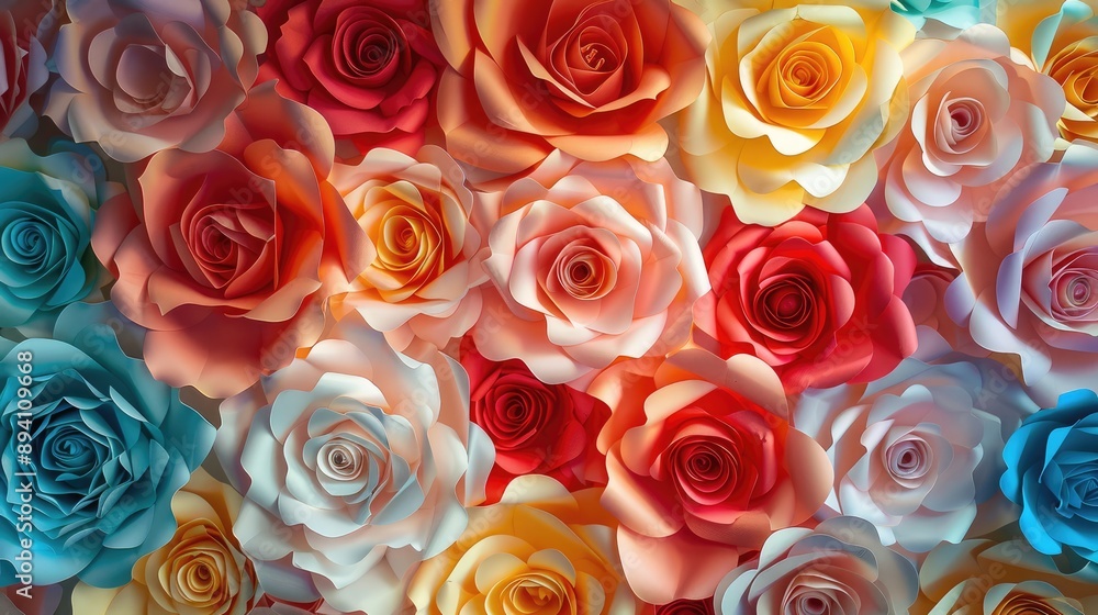 Colorful paper roses backdrop with soft shades at wedding reception Colorful paper roses backdrop with soft shades at wedding reception