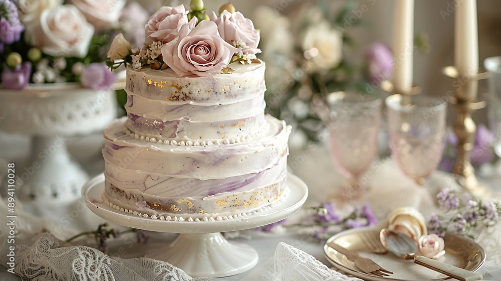 A beautifully crafted cake with a smooth marble effect in soft lavender and white, accented with metallic gold leaf. A beautifully crafted cake with a smooth marble effect in soft lavender and white, accented with metallic gold leaf.