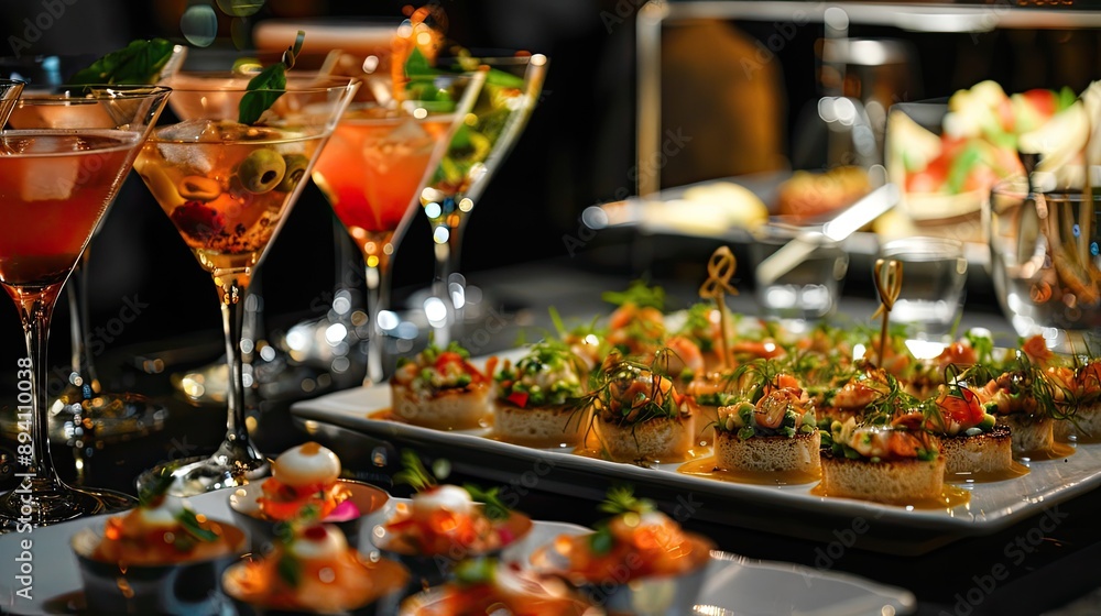 tasting gourmet dishes and cocktails at a sophisticated cocktail party. tasting gourmet dishes and cocktails at a sophisticated cocktail party.