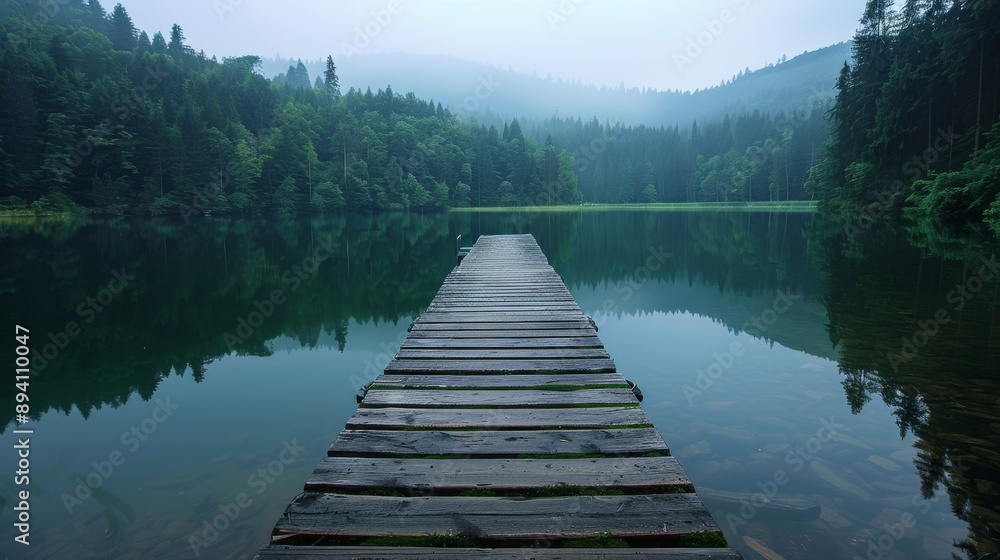 A calm lake with a wooden dock, clear water, and surrounding forest A calm lake with a wooden dock, clear water, and surrounding forest