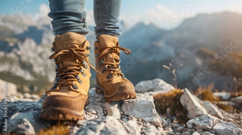 Hiking boots on rocky terrain with mountain landscape background, hiking, boots, rocky, terrain, mountain, landscape, outdoor, adventure, exploration, nature, wilderness, travel, footwear. 