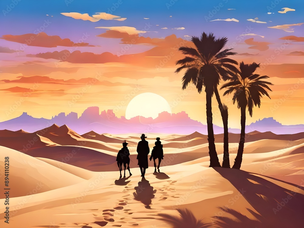 dramatic desert landscape at sunset, with silhouette figures traveling across the dunes. The sky should be ablaze with reds, oranges, and purples as the sun sets. The figures Generative AI dramatic desert landscape at sunset, with silhouette figures traveling across the dunes. The sky should be ablaze with reds, oranges, and purples as the sun sets. The figures Generative AI