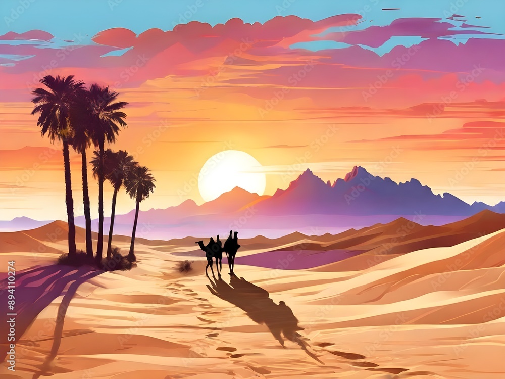 dramatic desert landscape at sunset, with silhouette figures traveling across the dunes. The sky should be ablaze with reds, oranges, and purples as the sun sets. The figures Generative AI dramatic desert landscape at sunset, with silhouette figures traveling across the dunes. The sky should be ablaze with reds, oranges, and purples as the sun sets. The figures Generative AI