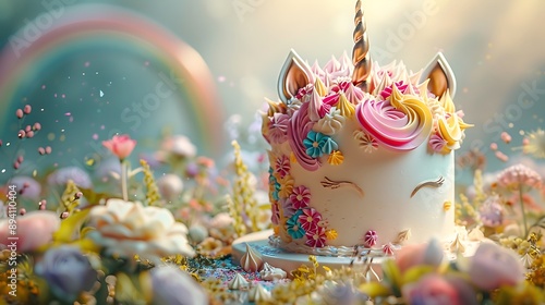 A beautifully crafted unicorn cake featuring a shimmering horn, pastel ears, and a colorful buttercream mane. The background includes a dreamy meadow with magical flowers and a rainbow arch, © ThuyTrang