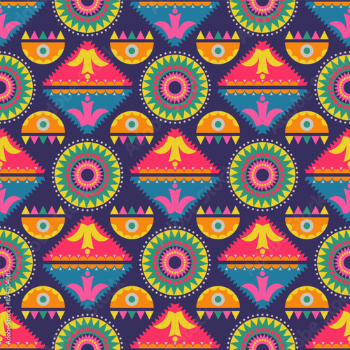 Colorful folk art geometric pattern. Vector folklore geometric abstract shape seamless pattern. Folk art geometric pattern use for fabric, textile, home decoration elements, upholstery, wrapping, etc.