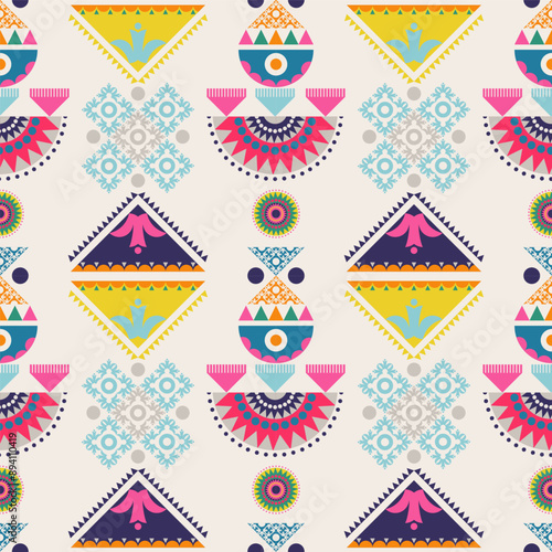 Colorful folk art geometric pattern. Vector folklore geometric abstract shape seamless pattern. Folk art geometric pattern use for fabric, textile, home decoration elements, upholstery, wrapping, etc.