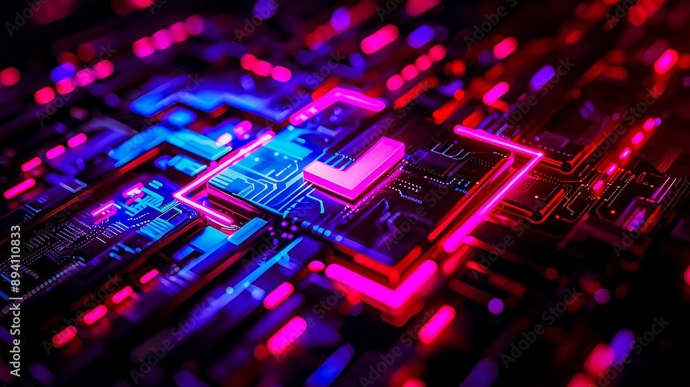 Neon-lit download icon on a dark matrix background Neon-lit download icon on a dark matrix background