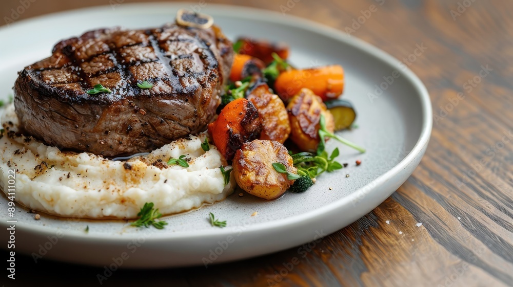 A perfectly seared Wagyu steak with truffle mashed potatoes and roasted vegetables. A perfectly seared Wagyu steak with truffle mashed potatoes and roasted vegetables.