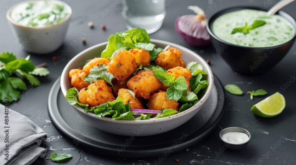 Indian onion bhajis, crispy fritters served with mint-yogurt chutney. Indian onion bhajis, crispy fritters served with mint-yogurt chutney.