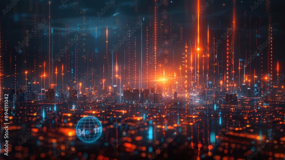 Fototapeta premium Digital background with blue gradient, financial graph going up in the center of frame with stock market charts.