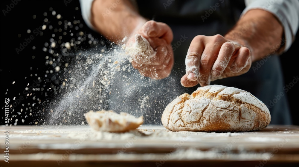 A hand dusted with flour breaks off a piece of crusty bread. A hand dusted with flour breaks off a piece of crusty bread.