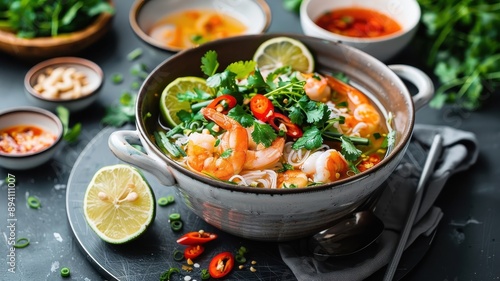 A vibrant Vietnamese lau pot with flavorful broth and fresh seafood. photo