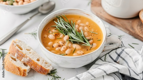 A rustic Tuscan white bean soup with cannellini beans and fresh rosemary. photo