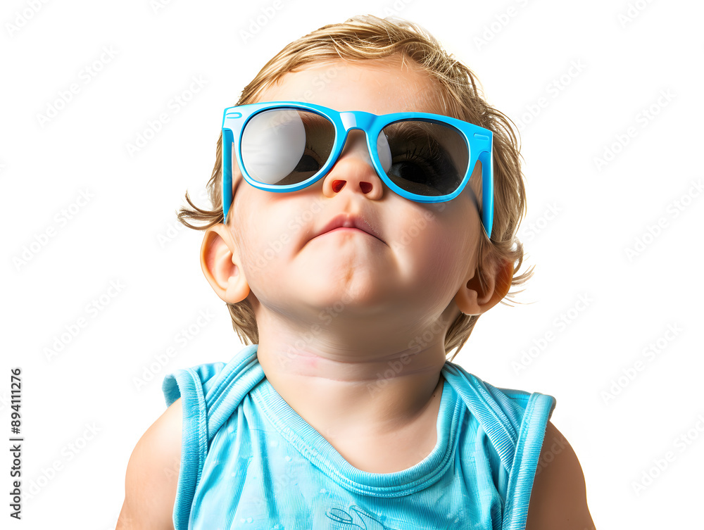 Smiling child and woman wearing sunglasses pose playfully for a fun summer fashion portrait Smiling child and woman wearing sunglasses pose playfully for a fun summer fashion portrait