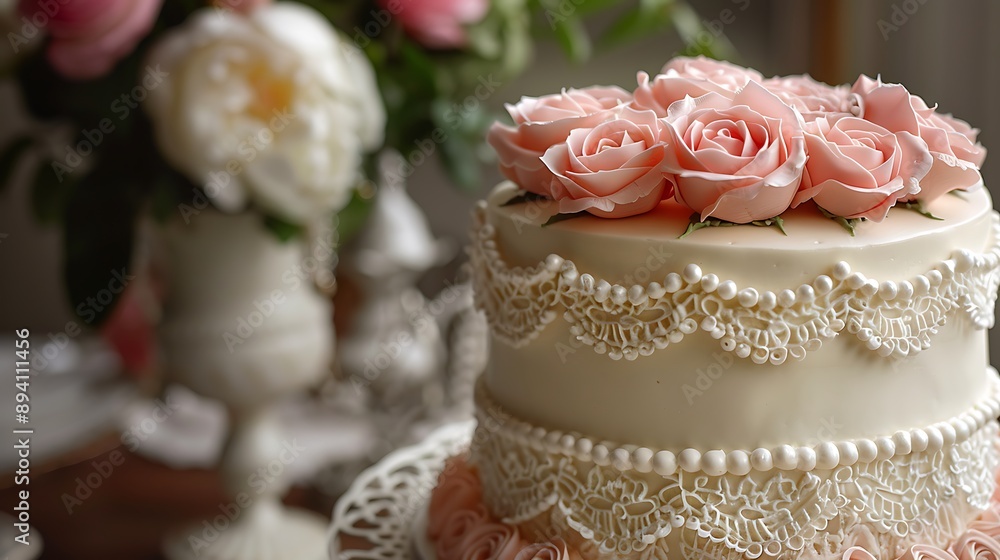 A cake adorned with royal icing lace patterns, pearls, and delicate pink roses, exuding timeless elegance. A cake adorned with royal icing lace patterns, pearls, and delicate pink roses, exuding timeless elegance.
