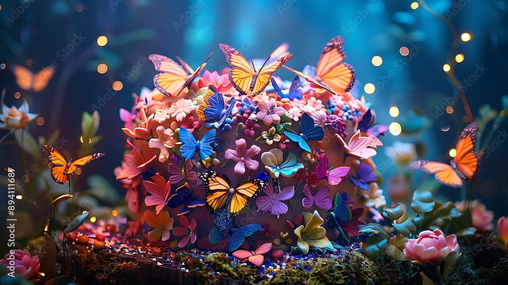 A cake covered in edible butterflies with intricate details and vibrant colors, giving a magical and whimsical feel. A cake covered in edible butterflies with intricate details and vibrant colors, giving a magical and whimsical feel.