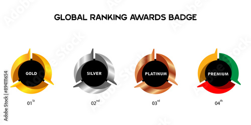 Sets of Winning Award Badge icons. Gold, Sliver, Bronze and Platinum Metal Medal Collection vector illustration. Honor Badge Realistic isolated of Quality and Place Certification. Global ranking