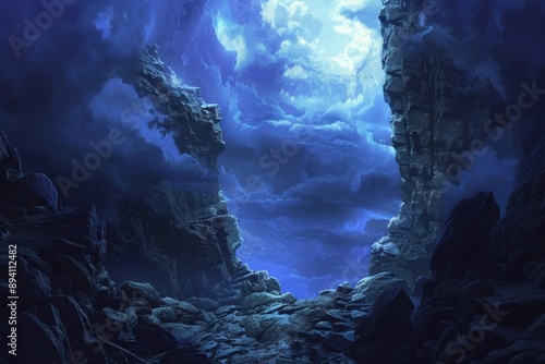 Mystical mountain chasm bathed in ethereal moonlight