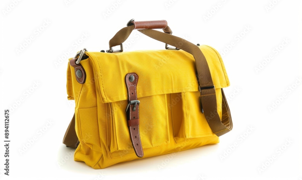 Naklejka premium Vibrant Yellow Backpack Symbolizing Back-to-School Season, Academic Aspirations, and Hope. Isolated on White Background, Education, Graduation, and the Journey of Learning for Students of All Ages.