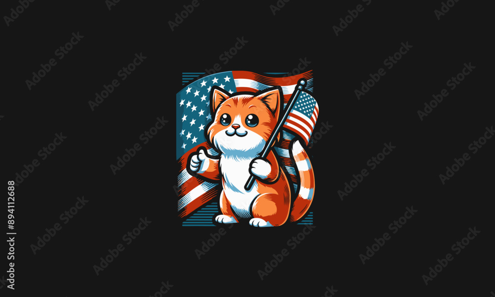 Obraz premium cat hold flag american vector illustration flat design