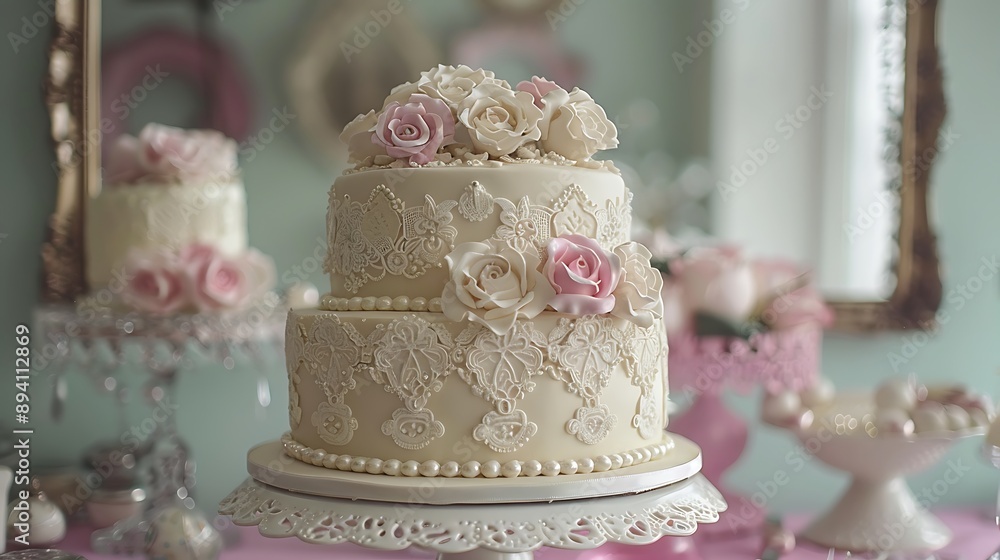 A cake with detailed lace patterns in royal icing, adorned with pearls and soft pastel roses, capturing vintage charm. The background includes a vintage vanity with lace doilies and antique mirrors, A cake with detailed lace patterns in royal icing, adorned with pearls and soft pastel roses, capturing vintage charm. The background includes a vintage vanity with lace doilies and antique mirrors,