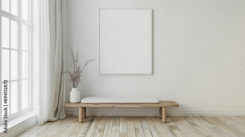Fototapeta premium Blank wall frame a simple bench in a Scandinavian-style room