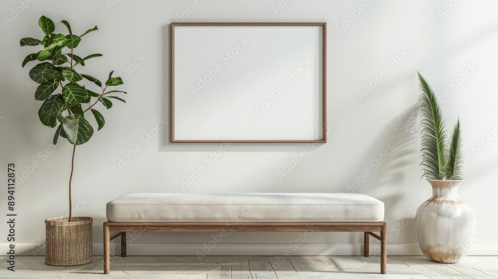 Blank wall frame a simple bench in a Scandinavian-style room Blank wall frame a simple bench in a Scandinavian-style room