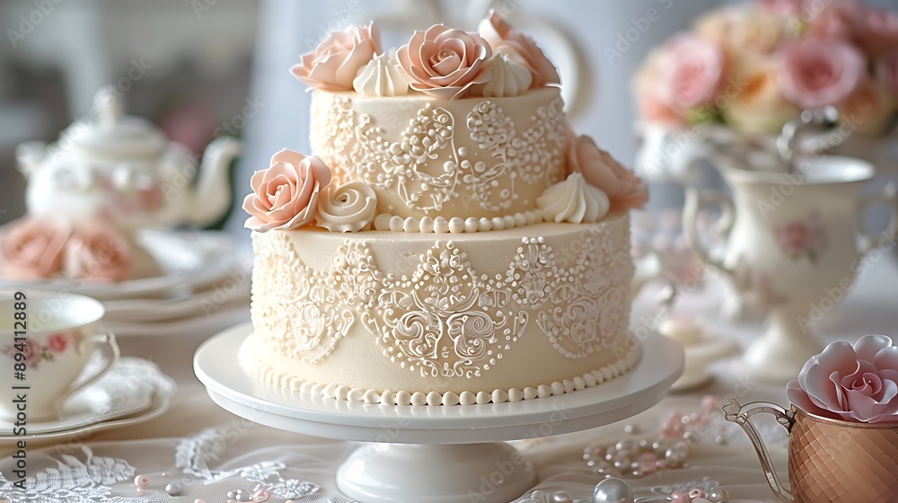 A cake with intricate lace patterns piped in royal icing, embellished with delicate pearls and roses, exuding vintage charm. A cake with intricate lace patterns piped in royal icing, embellished with delicate pearls and roses, exuding vintage charm.