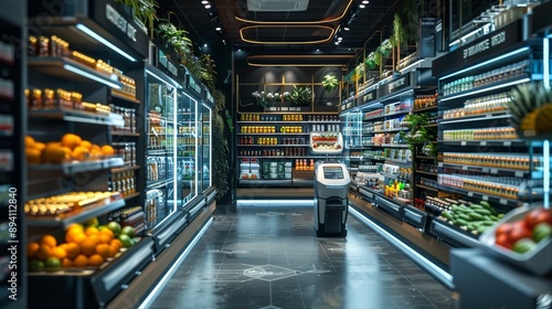 futuristic grocery store with automated checkouts and smart shelves displaying products efficiently