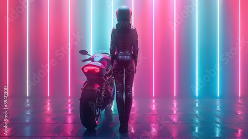 A motorcyclist in black leather gear stands beside a motorcycle in a futuristic neon-lit environment with vibrant pink and blue lights. photo