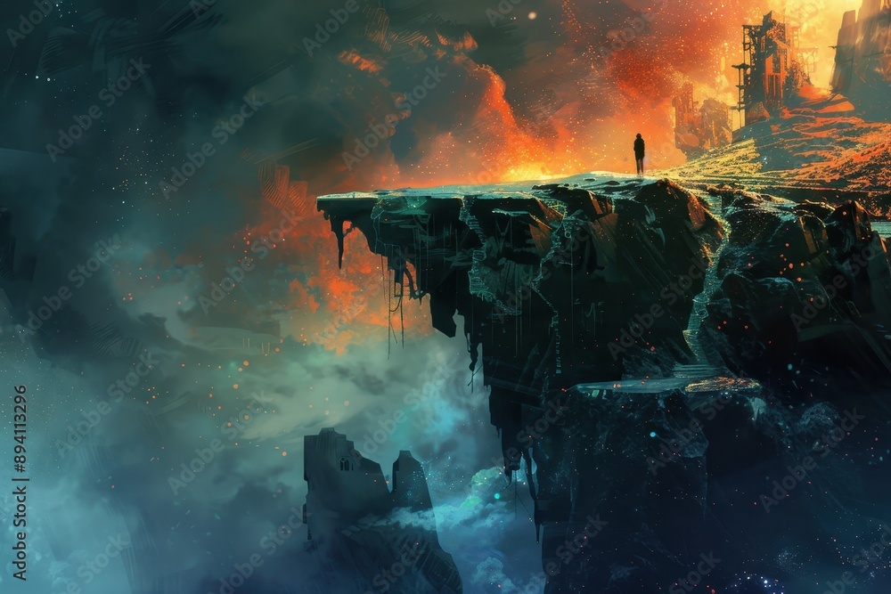 Lonely figure stands on a precipice overlooking a post-apocalyptic cityscape. Lonely figure stands on a precipice overlooking a post-apocalyptic cityscape.