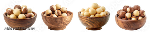 Macadamia nut in wooden bowl isolated on white background photo