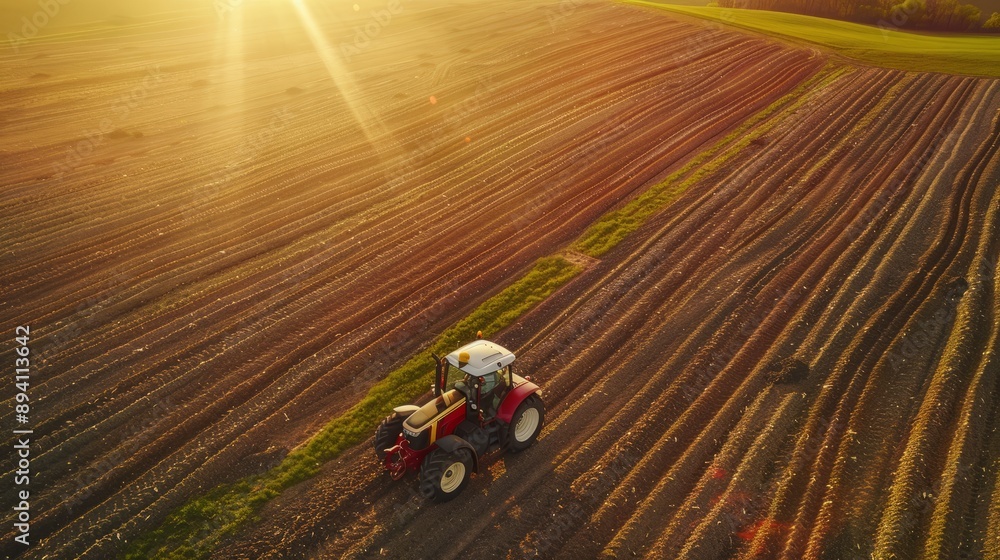 Electric tractor plowing farm fields with solar panels charging battery, demonstrating commitment to eco-friendly agriculture and sustainable farming practices Electric tractor plowing farm fields with solar panels charging battery, demonstrating commitment to eco-friendly agriculture and sustainable farming practices