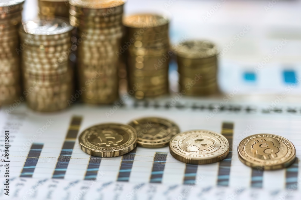 Stacks of gold coins on a financial chart, representing investment growth and economic analysis. Stacks of gold coins on a financial chart, representing investment growth and economic analysis.