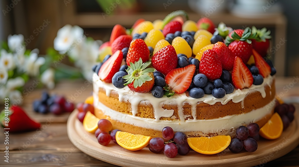 A fresh fruit-topped cake decorated with strawberries, blueberries, oranges, and grapes, arranged artistically on top. A fresh fruit-topped cake decorated with strawberries, blueberries, oranges, and grapes, arranged artistically on top.