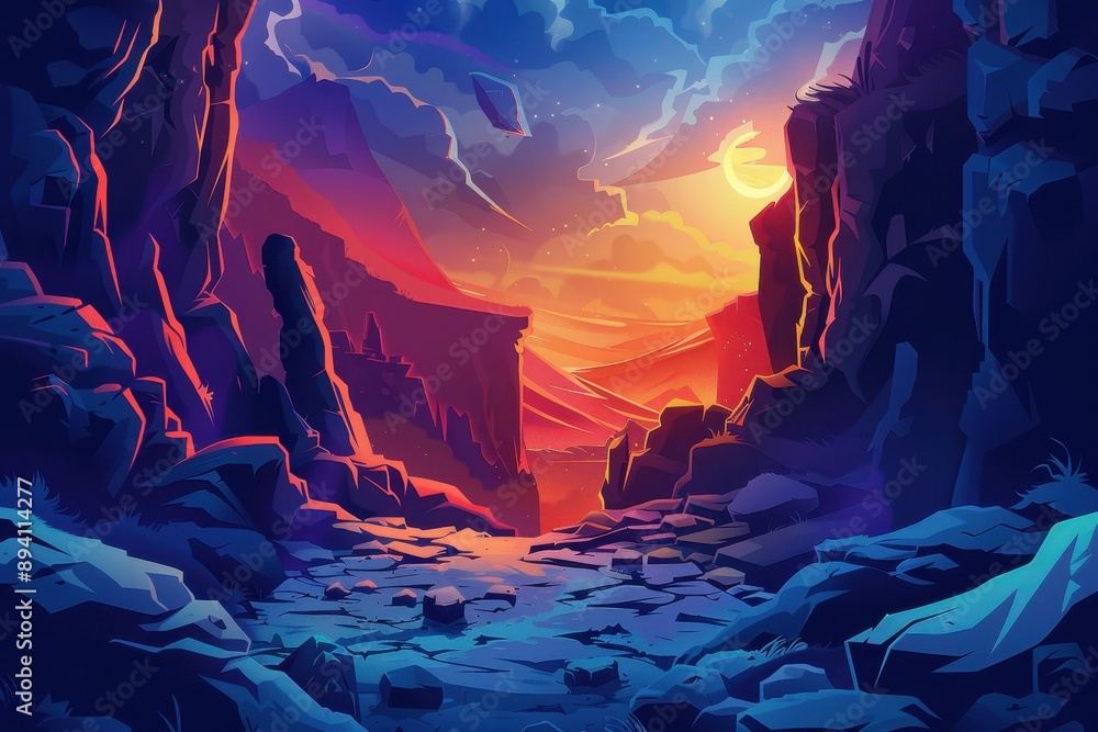 Mystical canyon landscape with vibrant red rocks under crescent moon Mystical canyon landscape with vibrant red rocks under crescent moon